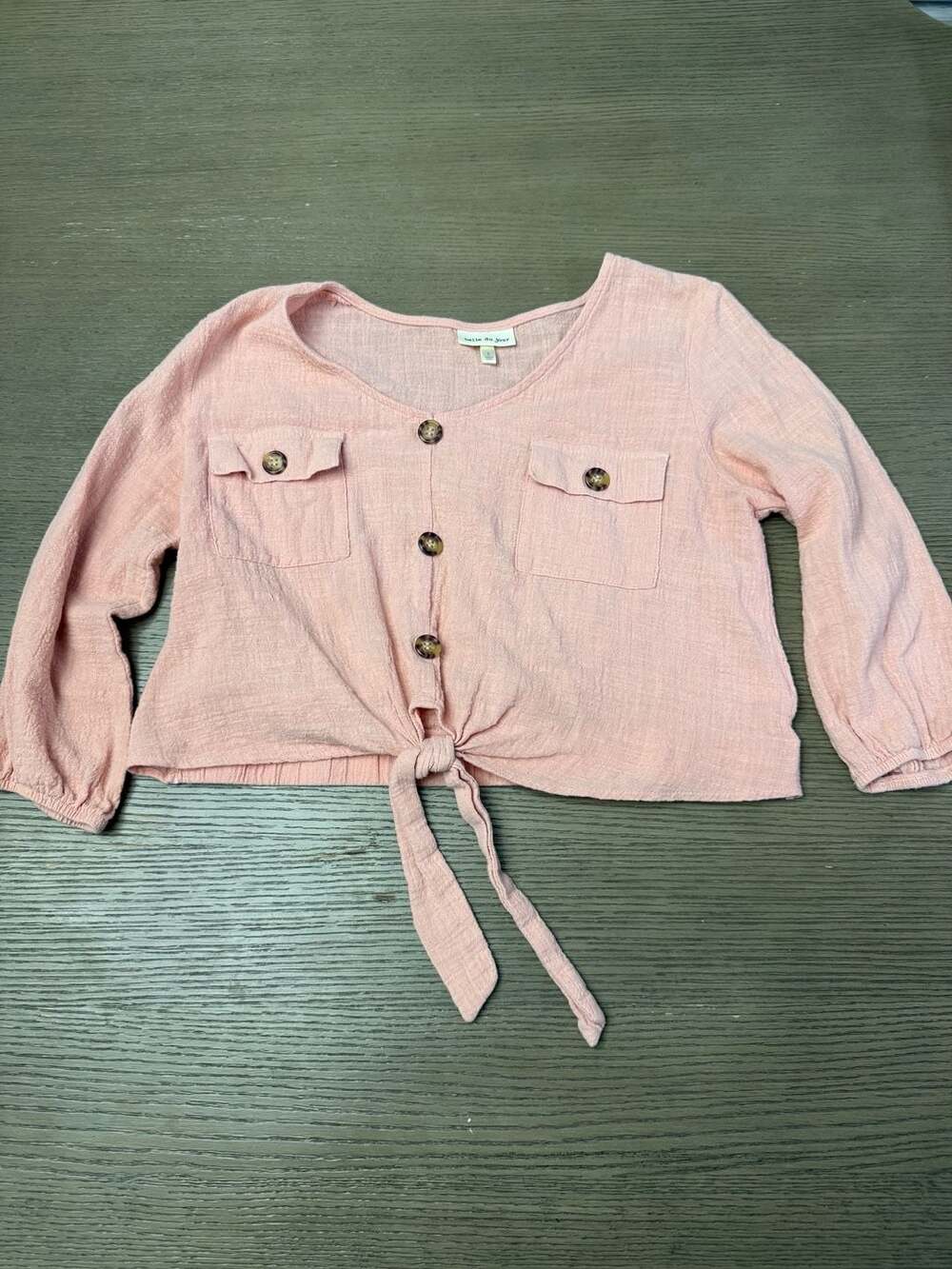Belle du Jour Pink Gauze Button-Front Tie-Front Crop Top with Pockets Size L